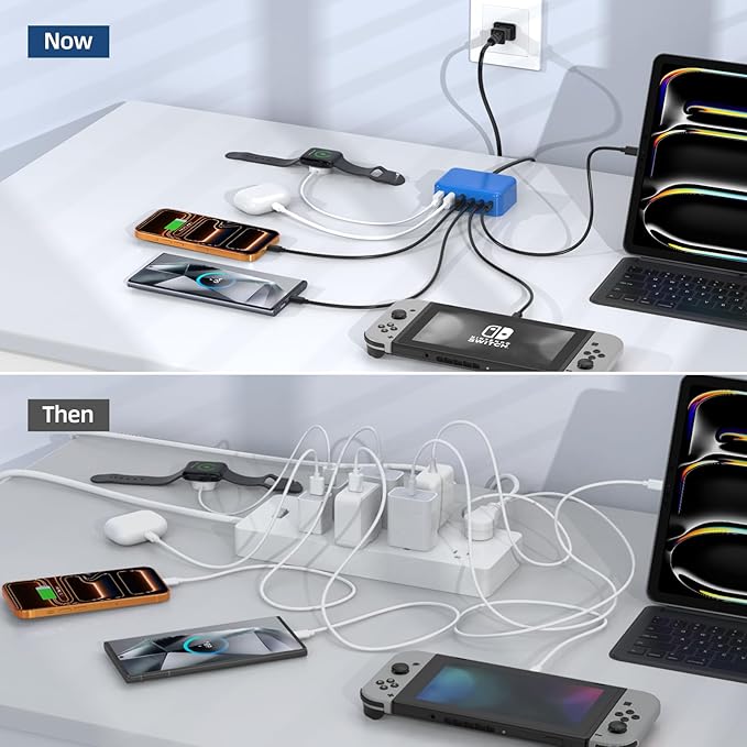 Updated USB C Fast Charger Block, 100W GaN 6 Port PD USB C QC USB A Wall Charger Adapter Plug Cube, Type C Charging Station Hub for iPhone 17 16 15 14 13 Pro Max iPad Samsung Pixel 5ft Extension Cord