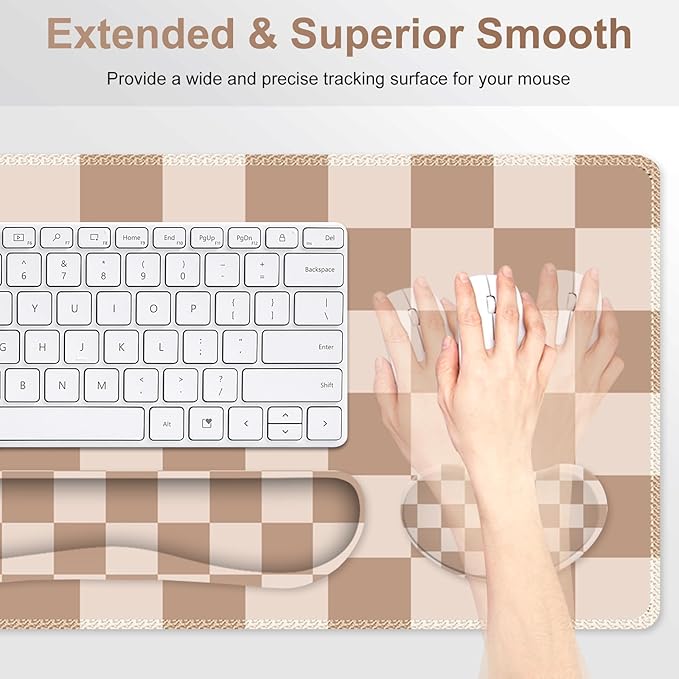 Beige Khaki Checkered Mouse Pad Set, 4 in1 Large Gaming Ergonomics Keyboard Desk Mat with Memory Foam Wrist Rest, Extended Game Mousepad, Non-Slip Desk Pad Matt Easy Typing Pain Relief