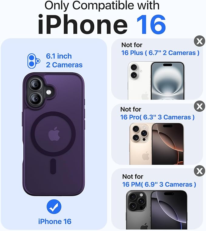 Magnetic for iPhone 16 Case, [Compatible with MagSafe][Military-Grade Drop Protection][Anti-Yellowing] Shockproof Protective Translucent Matte Cover for iPhone 16 Phone Case,Deep Purple