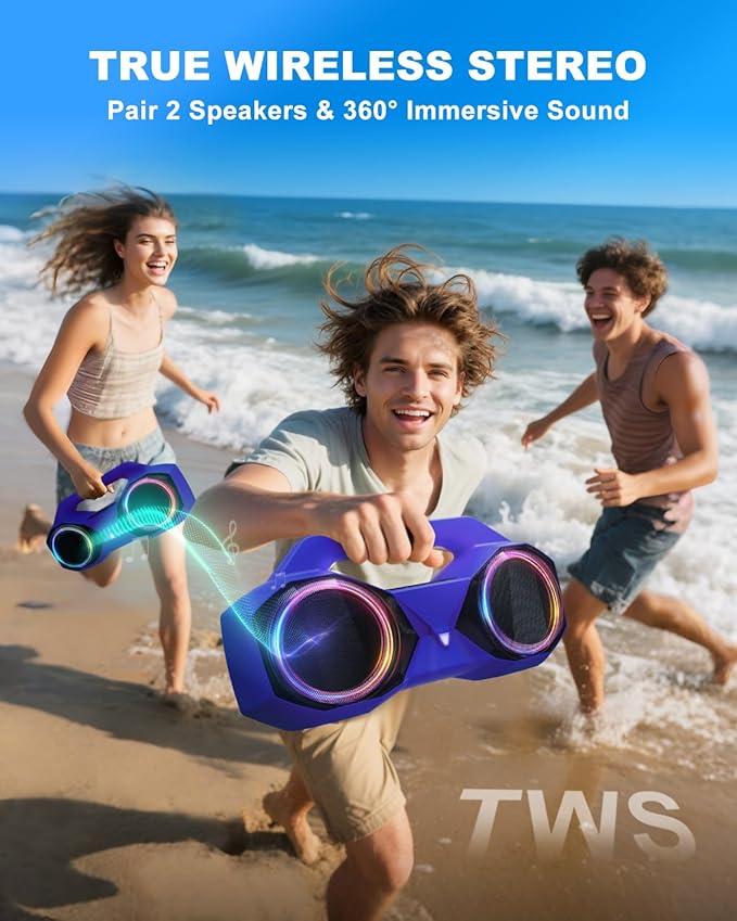 OZJ Bluetooth Speaker 80W(Peak) Loud with Bass, 20H Playtime, IPX7 Waterproof, RGB Lights, TWS, Large Portable Wireless Speakers for Outdoor, Home, Party, Pool, Beach, Tailgating, Gym, Work (Purple)