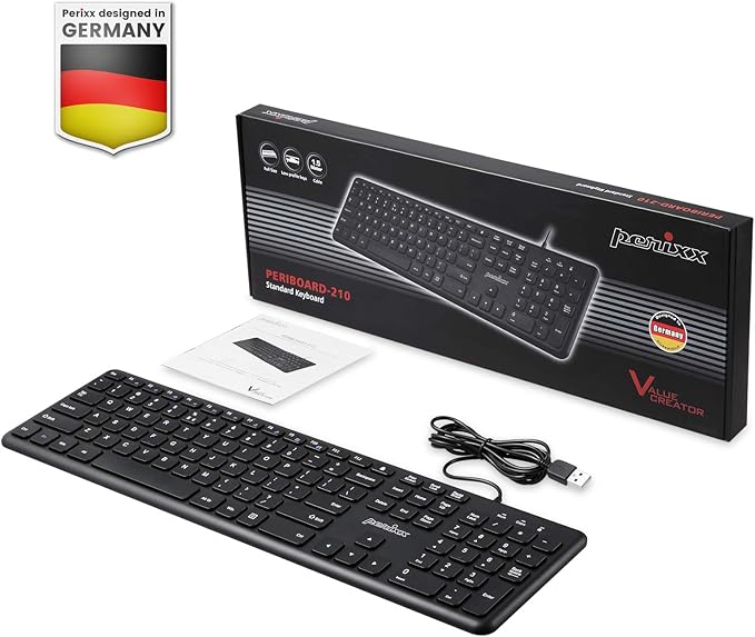 Perixx PERIBOARD-210 US Wired Full-Size USB Keyboard with Quiet Keys for Desktop, Laptop, and Tablet - X Type Scissor Keys - Black - US English (11726)