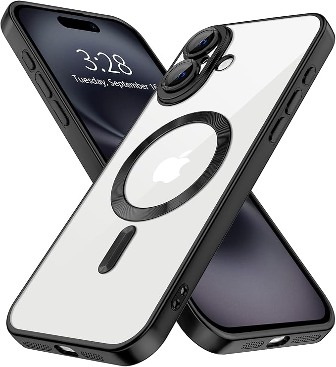 Hython Magnetic Clear for iPhone 16 Plus Case with Camera Lens Protector [Compatible with MagSafe] Luxury Plating Edge Slim Soft TPU Cover Protective Phone Case for iPhone 16 Plus, Matte Black