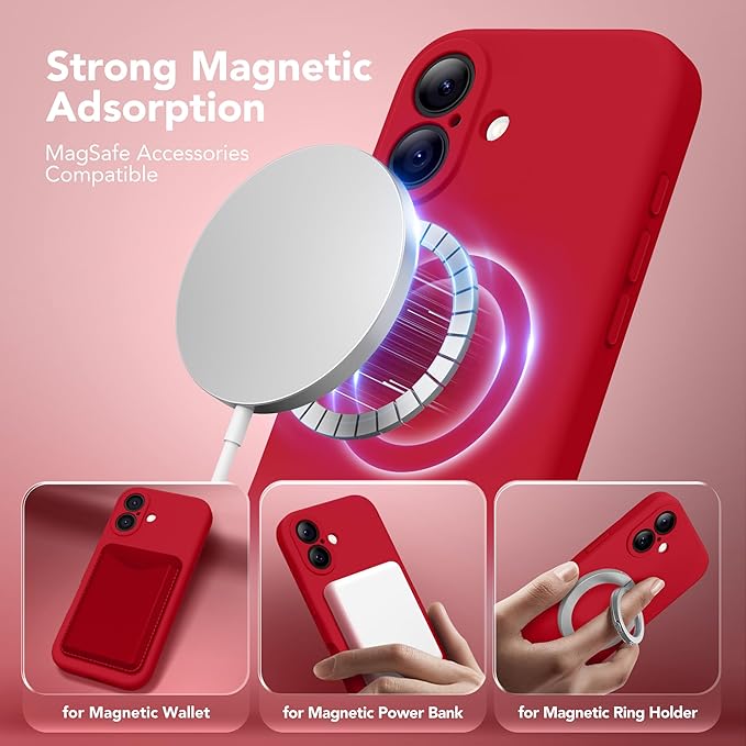 Magnetic for iPhone 17 Case, Compatible with MagSafe, [Full Camera Protection][Screen Protector] Silicone Shockproof Protective Phone Case for iPhone 17 6.3", Deep Red