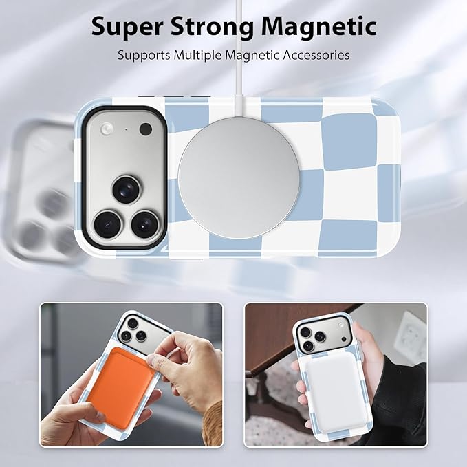 KANGHAR Compatible with iPhone 17 Pro Max Case, Support for MagSafe, Silicone Checkered Cute Pattern, Wristband Kickstand Camera Protection Soft Slim Phone Case for Girls Women -Light Blue