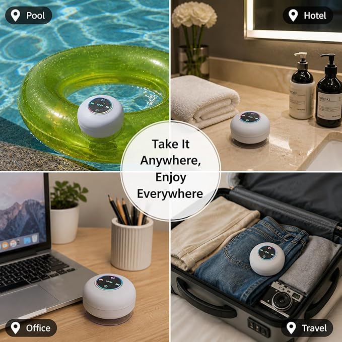 Bluetooth Shower Speaker with LED – Portable Wireless Mini Speaker with Mic & Suction Cup, IPX4 Water Resistant for Shower, Travel, Pool, River Floating, and Outdoor Fun (White)