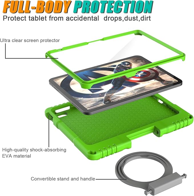 Kids Case for iPad 10th Generation 10.9-inch (2022) & iPad Air 11-inch M2 (2024) & iPad Pro 11-inch M4 (2024), Lightweight Shockproof Case Built-in Screen Protector with Handle Stand, Green