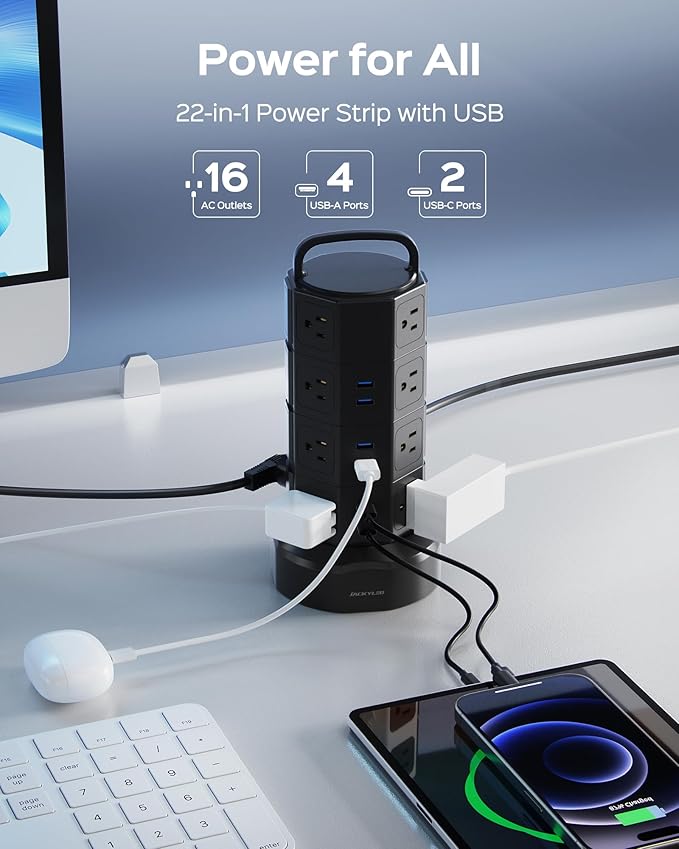 Power Strip Tower Surge Protector, JACKYLED 16 Outlets 6 USB (2 USB C) Charging Station, Extension Cord with Multiple Outlets, 1050J 1625W/13A Outlet Extender 6.5ft Extension Cord for Home Office