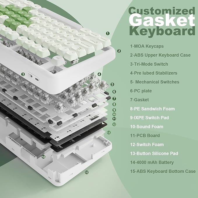 YUNZII B87 Wireless Mechanical Keyboard,QMK/VIA Programmable,TKL Layout 87 Keys,BT/2.4G/USB-C,Hot Swap Gasket Mount RGB Backlit Gaming with Wrist Rest for Win/Mac (Matcha Heart, Milk V2)