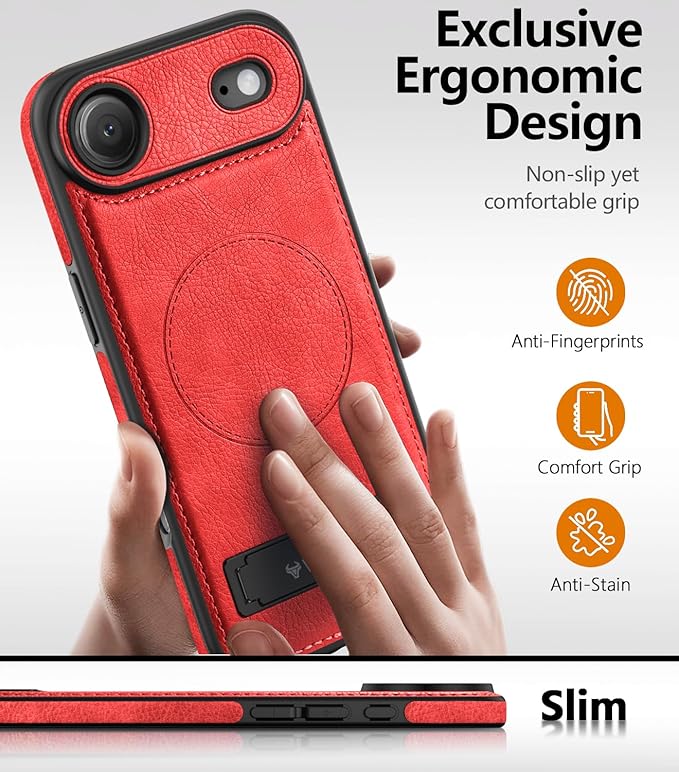 WTCASE Magnetic for iPhone Air Leather Case,Built-in Invisible Stand [Compatible with Magsafe] Protective Slim Kickstand Phone Cover for iPhone Air Case, Red