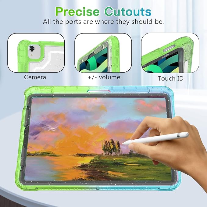 ZoneFoker Case for iPad Air 5th/ 4th Generation Case (2022/2020) 10.9'', for iPad Pro 11 Inch (4th/3rd/2nd/1st Gen), Hard Slim Cover for iPad Air 5 4 th with Pencil Holder/Stand, Green to Blue Glitter