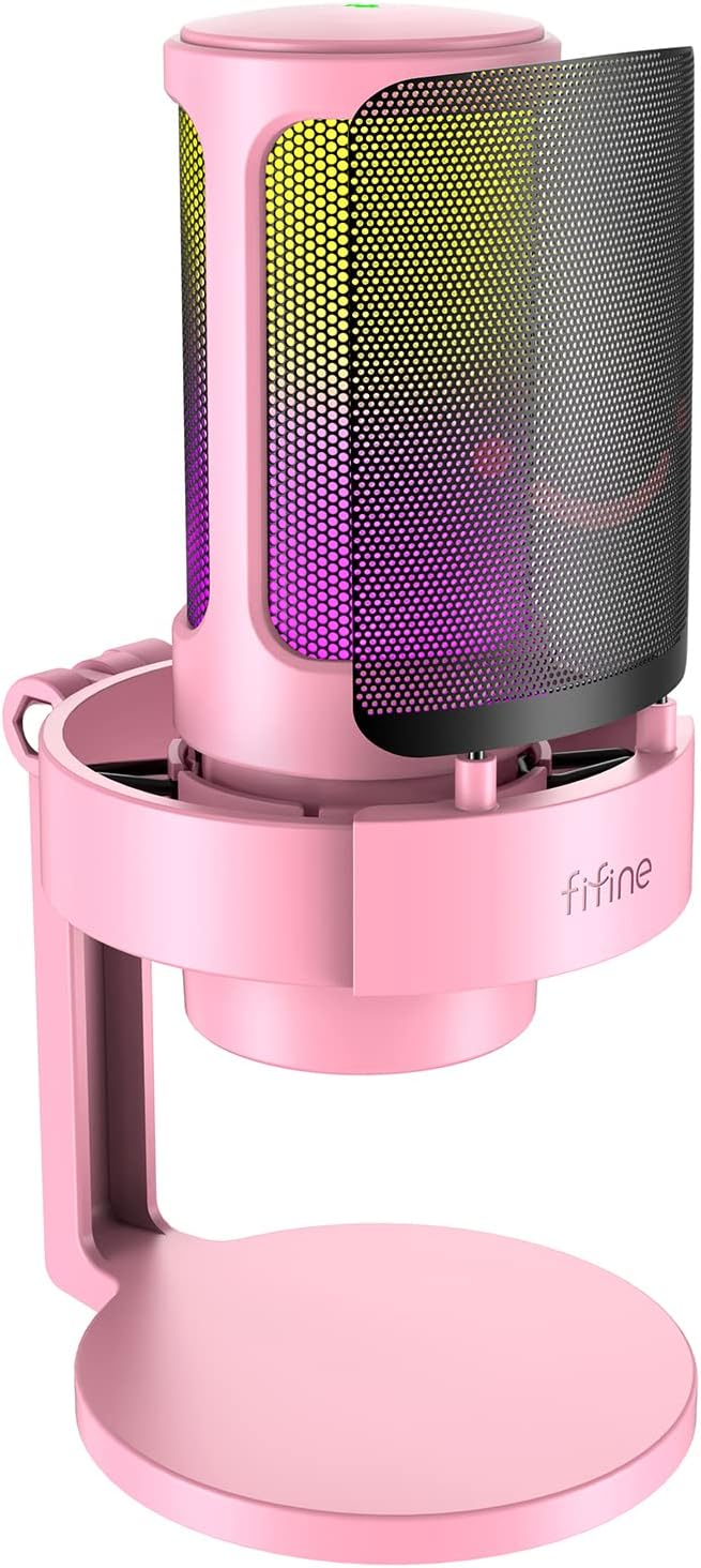 FIFINE USB Streaming Gaming Microphone, PC Condenser Desktop Mic for Video, Home use, YouTube, with RGB Control, Gain Knob, 3.5mm Headphone Jack, Shock Mount, on Computer/PS5-AmpliGame A8 Pink