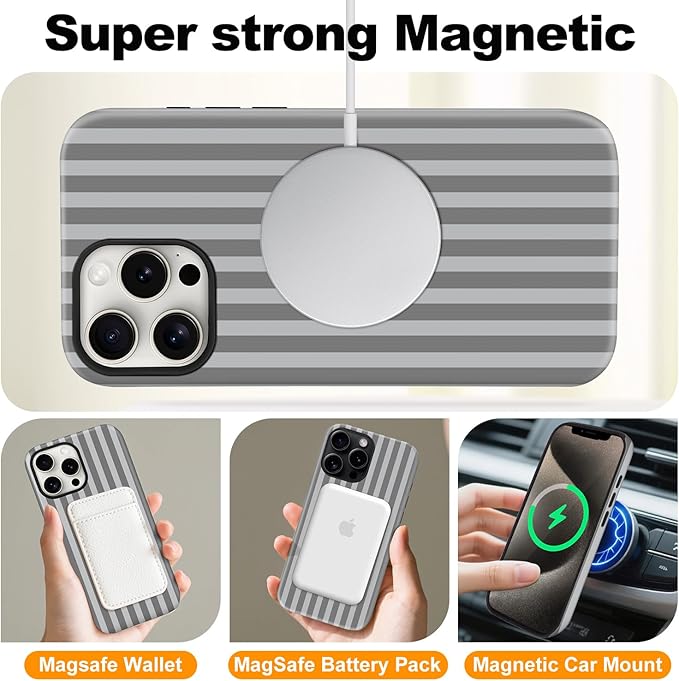 Magnetic for iPhone 13 Pro Case Cute Stripes Phone Case, Shockproof Slim TPU and Hard PC Protective Phone Cover Compatible with MagSafe Designed for Women Girls, Gray