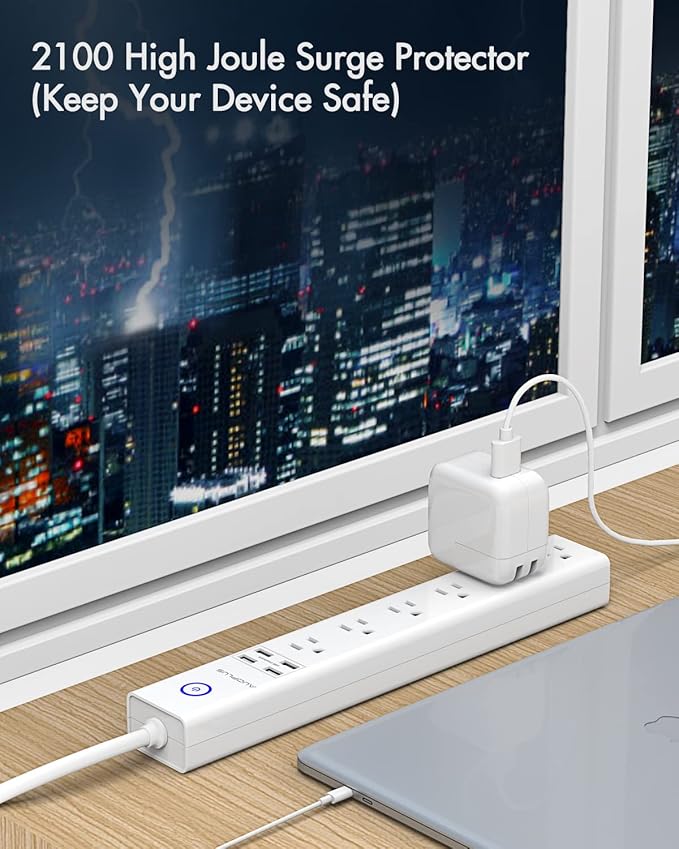 15 Ft Power Strip Surge Protector, 6 Outlets and 4 USB Ports, Flat Plug Power Strips Long Extension Cord with Overload Protection, Wall Mount for Home, Office, Dorm, ETL Listed