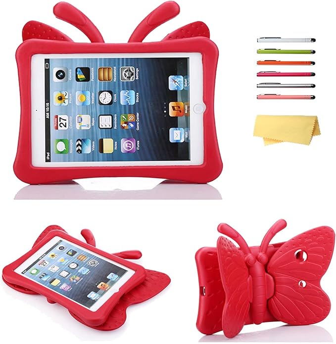 Kids Case for Apple iPad mini 5/Mini 4/Mini 3/Mini 2/Mini 1 with Kickstand Soft EVA Foam Lightweight Shockproof Stand Cover for iPad mini 5th/4th/3rd/2nd/1st Generation 7.9", Red Butterfly