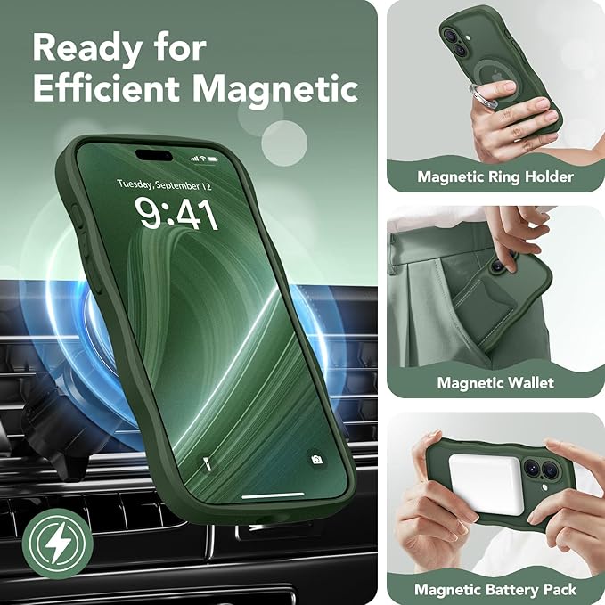 CAPRARO Magnetic for iPhone 17 Case for Women Girls, Upgraded [Full Camera Protection] [Compatible with MagSafe] Cute Wave Translucent Matte Phone Case for iPhone 17, Deep Green