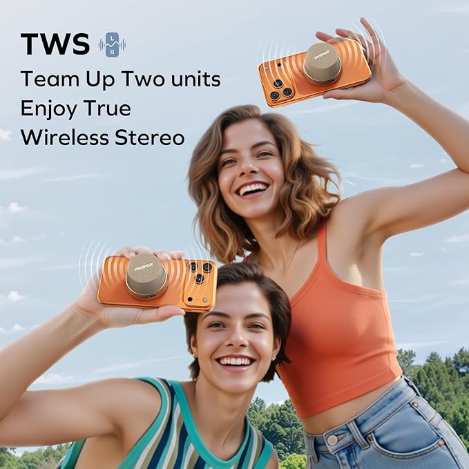 MOMAX Magnetic Portable Bluetooth Speaker, IPX6 Waterproof Mini Shower Speaker, Enhanced Bass, 12H Playtime, TWS Stereo, USB-C Outdoor Speaker, Travel & Gift Ideas, Desert Gold