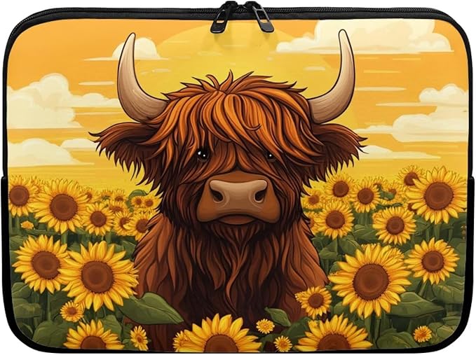 Highland Cow Laptop Protective Sleeve for Women 10inch Computer Sleeve Bag Sunflower Portable Lap Top Case Suitable for Travel School Office Neatly Organizers Brown