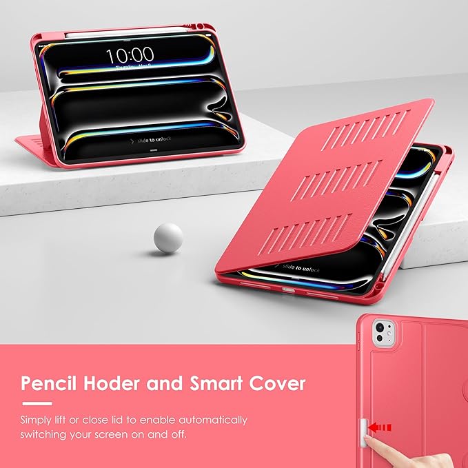 VIKESI Case for iPad Pro 11 inch (M5/M4) 2025/2024,Multiple Angles Magnetic Stand Cover,Shockproof Back,Pencil Holder,and Auto Sleep/Wake,Red