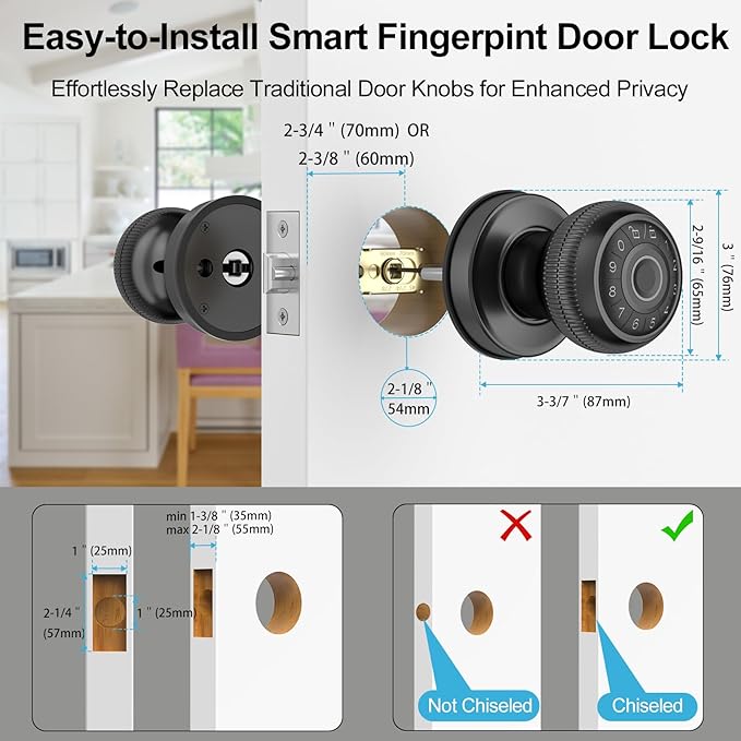 BIWIBON 4-in-1 Smart Door Knob, Fingerprint Door Knob with App Control, Smart Fingerprint Door Lock with Keypad, Real Privacy Mode, Auto Lock, Ideal for Home, Bedroom, Garages &Office, Black,1 Pack