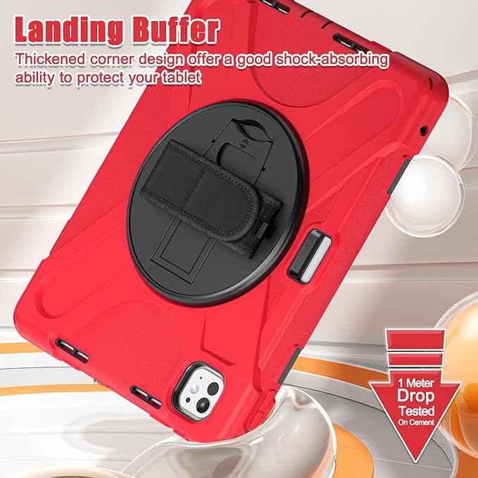 Batianda Case for New iPad Pro 11-inch 2025 M5 2024 M4 Chip Heavy Duty Rugged Durability Silicone Tablet Cover with 360° Rotating Hand Strap Foldable Hidden Stand & Shoulder Strap, Red