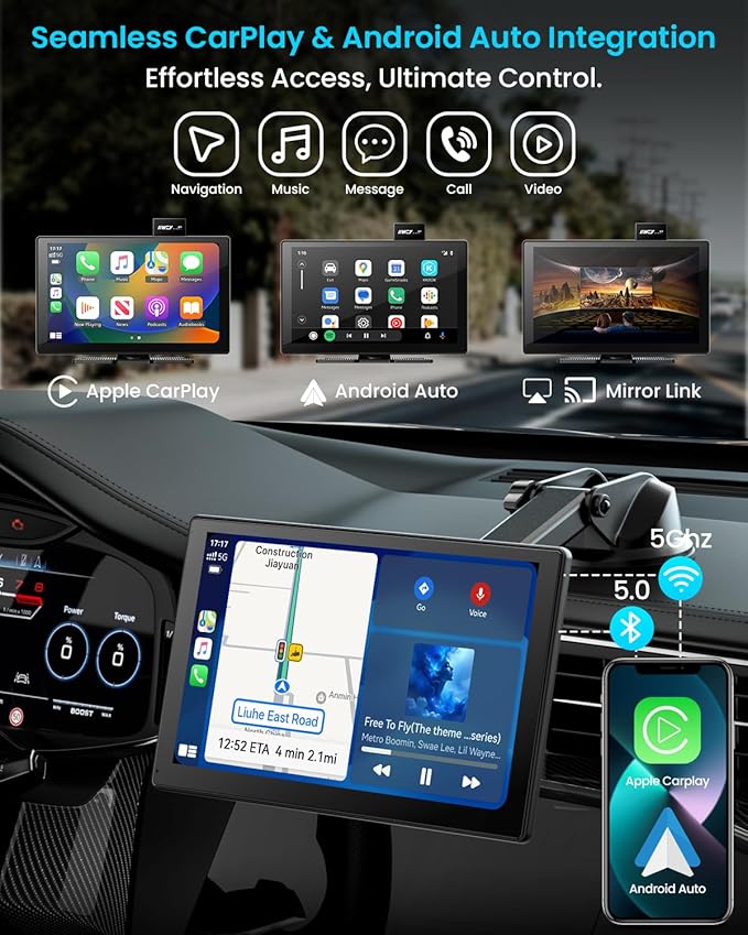 IK9 9" Wireless CarPlay & Android Auto Screen, Portable Car Stereo with 4K Dash Cam & 1080p Rear Camera, CarPlay with Backup Camera, Touch Screen GPS Display, Mirror Link, Apple Car Play Screen
