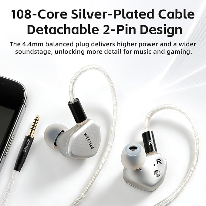 Klean SV in Ear Monitor, 10mm Full-DLC Diaphragm Dynamic Driver IEM, 3 Interchangeable Tuning Nozzles, HiFi Wired Earbuds, Detachable Cable for Audiophile, Musician & Gaming (Silver, 4.4mm)