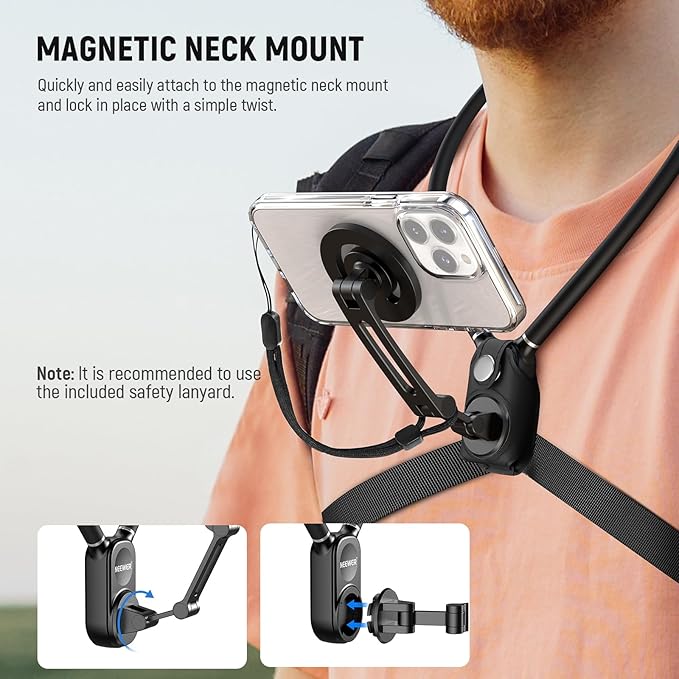 NEEWER Magnetic Neck Holder for Action Camera & Phone, Hands Free Neck Mount with Chest Strap Compatible with GoPro DJI Insta360 iPhone, Neck Phone Holder for POV Vlog Video Recording, GP26