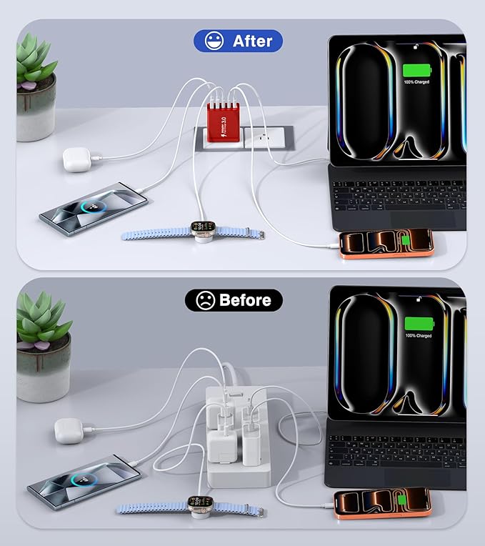2Pack USB C Fast Charger Block,50W 5-Port Type C Wall Charger Brick,2 USB A and 3 USB C PD3.0 Multiport Charging Plug Power Adapter Brick Cube for iPhone 17/16/15/14/13,Pad Mini/Pro, GalaxyS23 S22