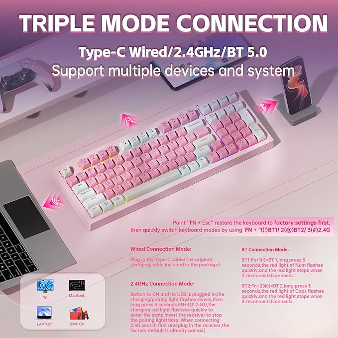 Aula Pink Keyboard, Wireless Gaming Keyboard Bluetooth Computer Keyboards Creamy Color Cute Quiet Keyboard with Number Pad RGB Backlit Tri-Mode BT/2.4GHz/USB-C - K99