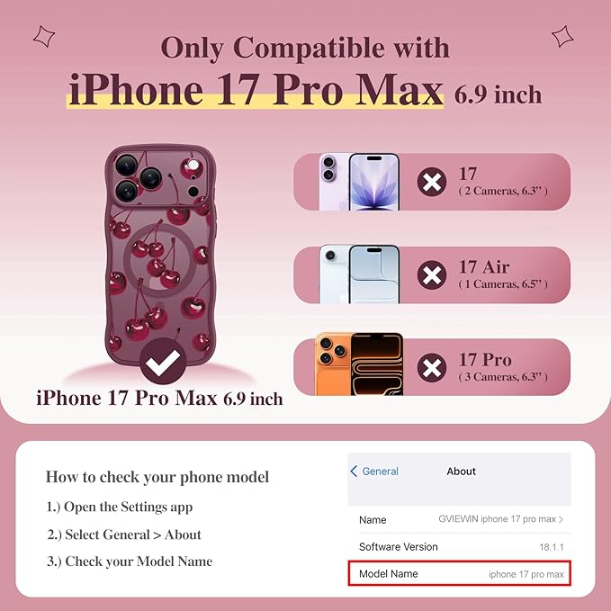 GVIEWIN for iPhone 17 Pro Max Case Compatible with MagSafe [Curly Wave Edge][Full Camera Protection] Floral Translucent Shockproof Magnetic Women Phone Case for 17 Pro Max, Ripe Cherry/Burgundy