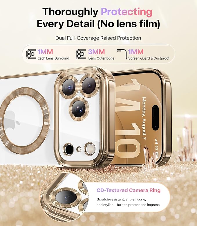 Meifigno Designed for iPhone 17 Pro Case 6.3", [Glitter Card & Wrist Strap] [Compatible with MagSafe] [2X HD Screen Protectors] Surround Raised Lens Protection for 17 Pro Case Women, Desert Titanium