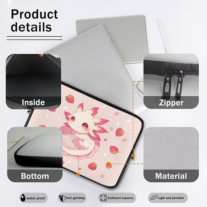 Cute Axolotl Laptop Sleeve Women Strawberry Lap Top Case for Teen Girls 17inch Computer Sleeve Slim Laptop Protector with Multiple Uses Laptop Carrying Case Pink Briefcase