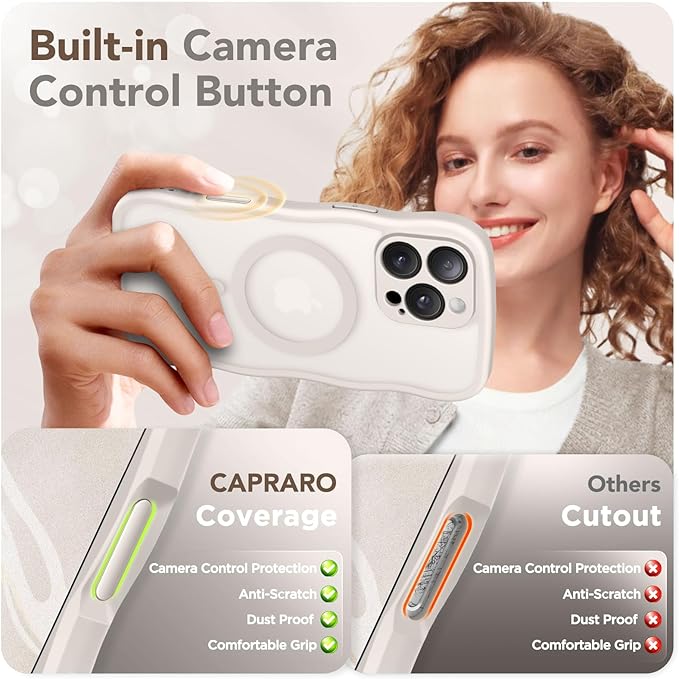 CAPRARO for iPhone 16 Pro Max Case for Women Girls, Upgraded [Full Camera Protection] [Compatible with MagSafe] Cute Wave Translucent Matte Phone Case for iPhone 16 Pro Max, Stone