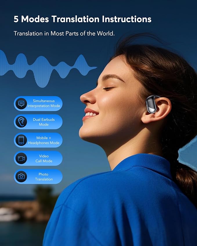 Paekole H5 AI Translation Earbuds: Real-Time 2-Way Language Translator Device (198+ Languages) for Face-to-Face & Travel, Bluetooth Headphones, Audifonos Traductores - Classic Black