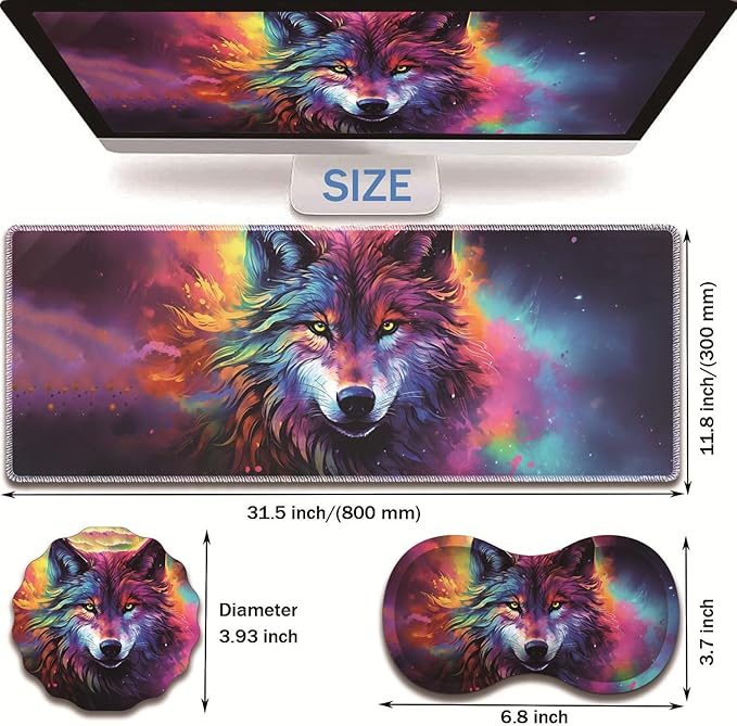 Extended Non-Slip Mouse Pad + Mouse Wrist Rest + Lace-Shaped Coaster Set, Ergonomic Design, Suitable for Desk and Home Gaming Table Mat, Colorful Space Wolf