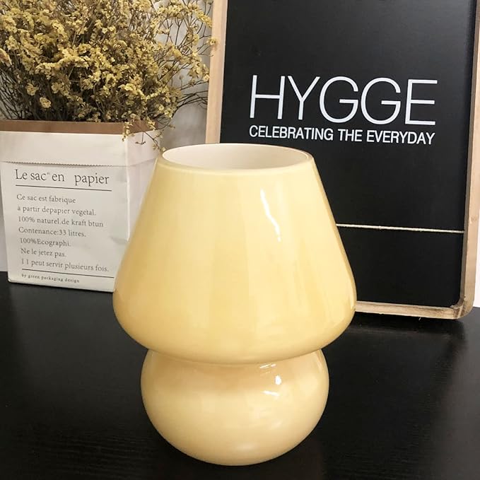 BSOD Mushroom Lamp,Vintage Glass Mushroom Bedside Table Lamps Yellow Murano Style Small Nightstand Desklamp Swirl Light for Home Decor, Dining, Living, Bedroom, Gift (Bright Yellow)