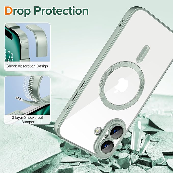 Hython Magnetic Clear for iPhone 16 Plus Case with Camera Lens Protector [Compatible with MagSafe] Luxury Plating Edge Slim Soft TPU Cover Protective Phone Case for iPhone 16 Plus, Matte Mint
