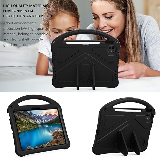 Kids Case for iPad Pro 11-Inch 2022/2021/2020/2018 (4th/3rd/2nd/1st Generation) & iPad Air 5th/4th Gen Case 2022/2020 10.9" with Kickstand/Handle/Pencil Holder Stand Girl Boy Cover, Black