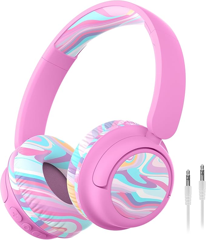 iClever BTH22 Kids Bluetooth Headphones, 60H Play Time, 74/85 dBA Safe Volume, Bluetooth 5.4, USB C, Over Ear Kids Headphones Wireless with Mic AUX Cord for iPad/Tablet/Travel/School, Pink-Stripe