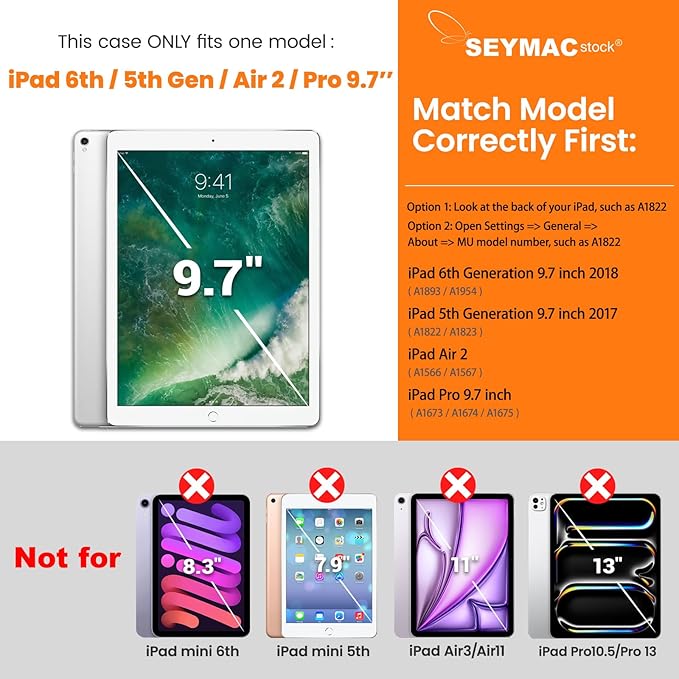 SEYMAC stock Case for iPad 6th/5th Generation/Air 2/Pro 9.7'', Strong Magnetic Auto Sleep Shockproof Case with Absorbing Multi-Angles Stand, Pen Holder, Card Slot (Red)