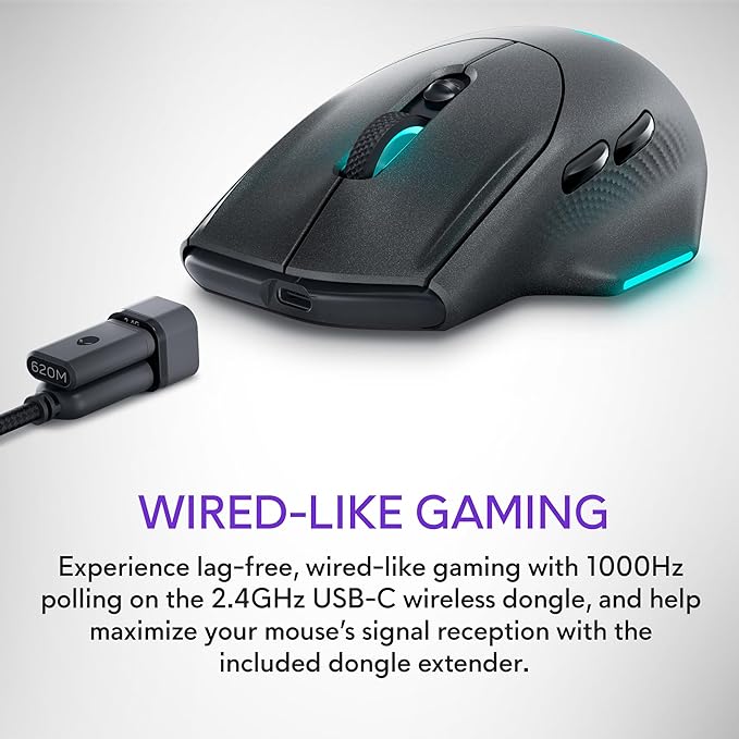 Alienware Wireless Gaming Mouse AW620M - Wireless/Wired, 1 x USB - 4 pin USB Type A, 26000 dpi, 3.52oz (99g) Weight, 7 Buttons, Non-Slip Grip, up to 140 Hours of Gaming - Dark Side of The Moon
