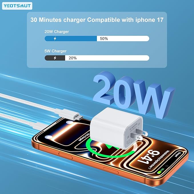 [3 Pack] USB C Charger Block, Fast Charging 20W USB-C Power Adapter Fit for Phone 17/16/15/17 Pro/Pro Max/Plus,i Pad, AirPods，Apple Watch and More，10FT Type C Cords