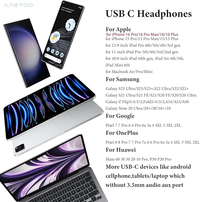 APETOO USB C Headphones for iPhone 17 16 Pro Max 15 Plus iPad Air HiFi Stereo USB-C Wired Earbuds with Microphone Volume Control Type C Earphones for Samsung S25/S26/S24/S23/S22/Pixel/OnePlus/Android