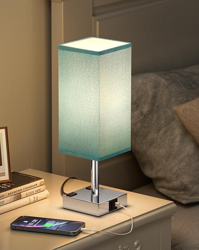 Touch Bedside Table Lamp For Nightstand - 3-Way Dimmable Night Lamp with USB A + Type C Charging Ports and two AC Outlets, Small Desk Light with E26 Bulb for Bedroom Living Room Dorm, Turquoise