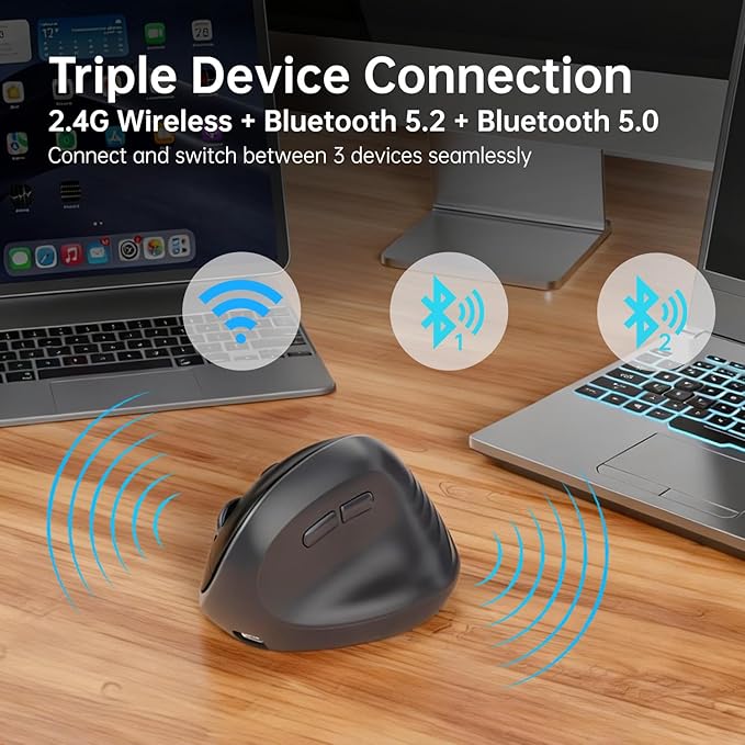 PYP Ergonomic Vertical Wireless Mouse, Bluetooth 5.2/5.0 & 2.4G Tri-Mode, Type-C Rechargeable with Power Display, 6-Level Adjustable 8,000 DPI, Lightweight Quiet Click for Laptop Mac - Matte Black