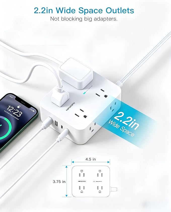 15 Ft Long Extension Cord with Ultra-Thin Flat Plug, 8 Widely Spaced Outlets & 4 USB Ports (2 USB C), 1080J Surge Protected Power Strip for Home Office, College Dorm Room Essentials, Wall Mount