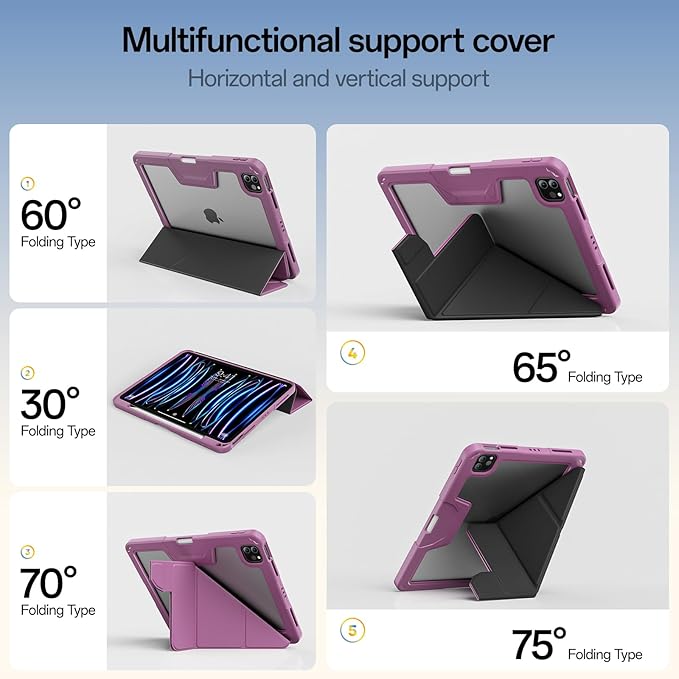 Case for iPad Pro 11 inch (4th/3rd/2nd Generation) 2022/2021/2020 with Clear Back, Multi-Angle Stand, Soft Silicone & Shockproof Tablet Protective Case (Purple)