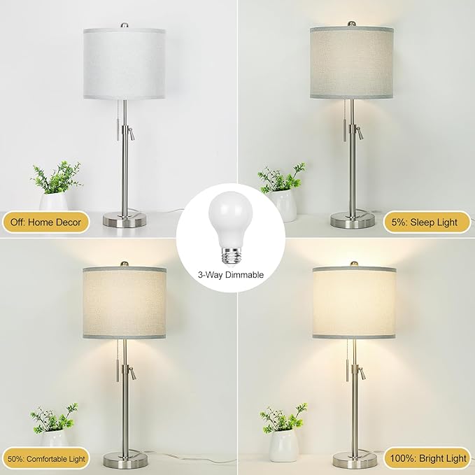 Qingmiao Table Lamps for Bedrooms Set of 2, 22" to 30" Height Adjustable Nightstand Lamps with Linen Shade, Pull Chain Switch Lamps for Living Room, 3 Way Dimmable Bedside Lamp