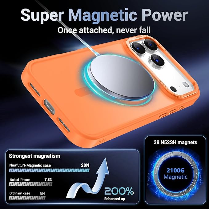 Newfuture Magnetic for iPhone 17 Pro Max Case [Compatible with Magsafe] [Military Grade Drop Protection] Translucent Matte Anti-Scratch Shockproof Protective Phone Cover 6.9 Inch, Orange