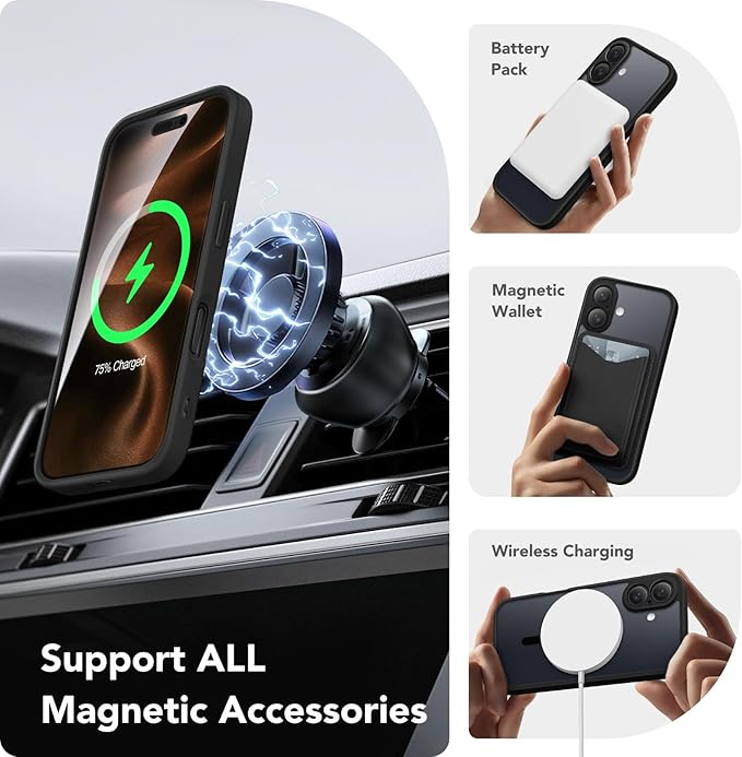 CAPRARO Magnetic Compatible with iPhone 16 Case, Upgraded [Full Camera Protection] [Compatible with MagSafe] Protective Translucent Matte Women Girl Phone Case Cover, Black